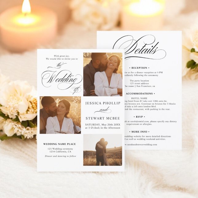 Chic Schwarz-weiß in einem Skript-Foto Hochzeit Einladung (Chic black white all in one script photos wedding invitation)