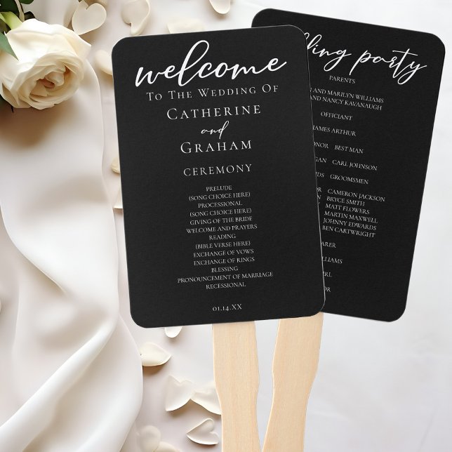 Chic Schwarz-weiß Script Wedding Program Fächer (Von Creator hochgeladen)