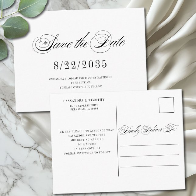 Chic Schwarz-weiß Script Wedding Save the Date Postkarte (Elegant minimal Save the Date postcard with customizable return address and message on the back)