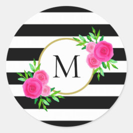 Chic Schwarz-weiß Striped Pink Floral Monogram Runder Aufkleber