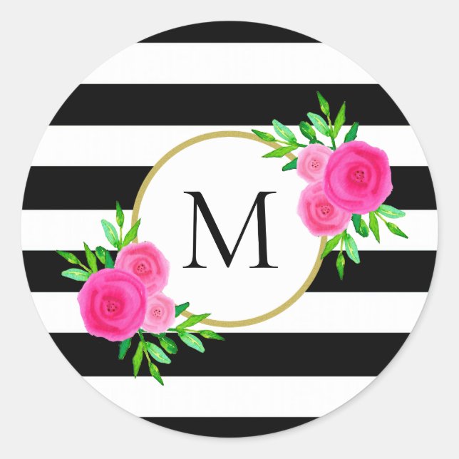 Chic Schwarz-weiß Striped Pink Floral Monogram Runder Aufkleber (Vorderseite)