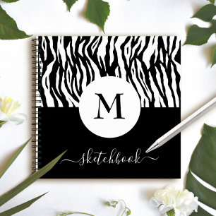 Chic Schwarz-weiß Zebra Print Monogram Sketchbook Notizbuch