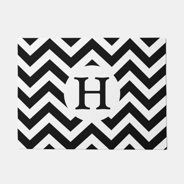 Chic Schwarz-weiß Zickzack Zigzag Custom Monogram Fußmatte (Vorderseite)