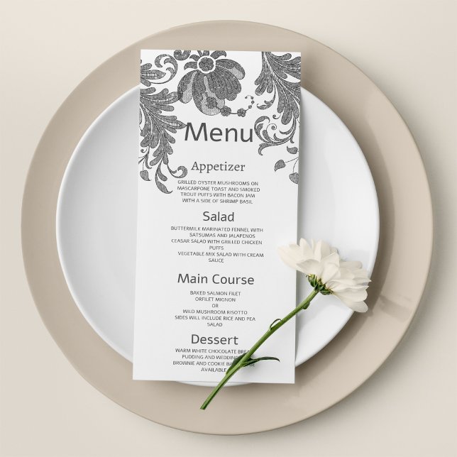 Chic Schwarz-weiße Glitzer Blumenkarte Hochzeitsme Programm (Chic black white glitter floral lace Wedding Menu )
