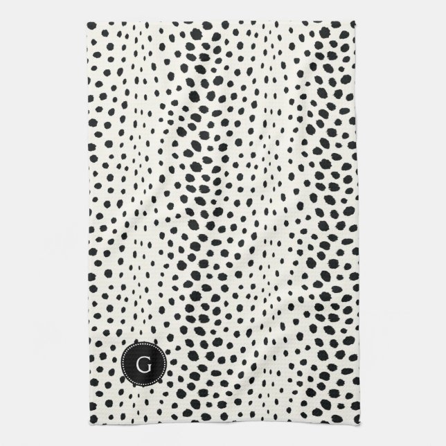 Chic Schwarz-weißes Cheetahdruck-Mustermonogramm Geschirrtuch (Vertikal)