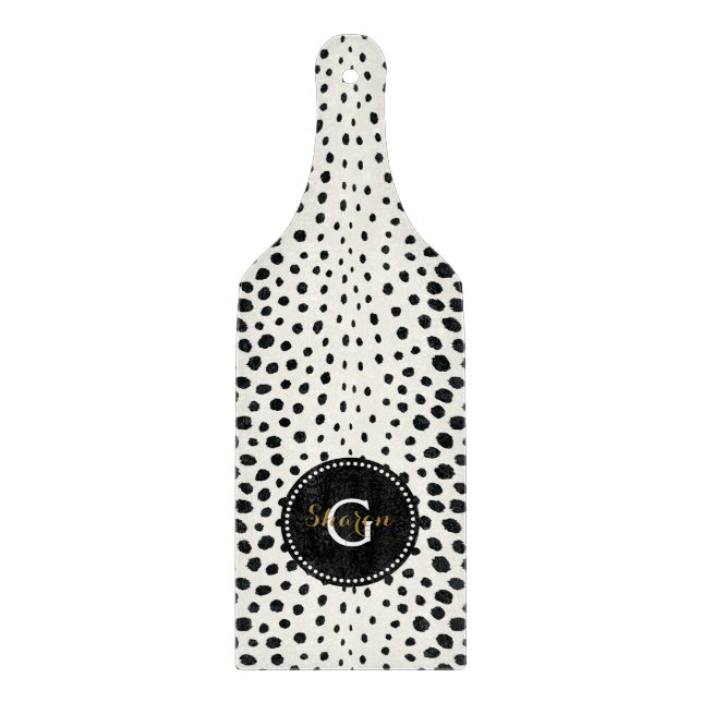 Chic Schwarz-weißes Cheetahdruck-Mustermonogramm Schneidebrett (Vorderseite)