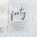Chic Script 40. Geburtstag Party Acryleinladungen<br><div class="desc">Erleben Sie Ihr 40. Geburtstagsgeschenk mit dieser schicken,  klaren Acryleinladung,  die "vierzig" in einer stilvollen Schrift,  Ihren Namen in eleganter Serifentypografie und die Party-Details in einfacher,  moderner Schrift, </div>