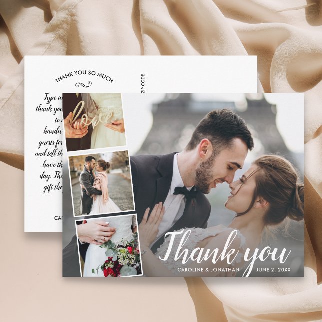Chic Script 4 Foto Collage Wedding Vielen Dank Postkarte (Von Creator hochgeladen)