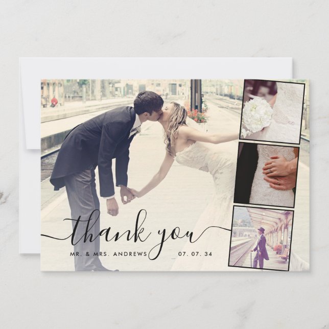 Chic Script 4 Fotos Collage Wedding Vielen Dank Dankeskarte (Vorderseite)
