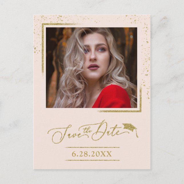Chic Script Abschlussfeier Save The Date Gold Glit Postkarte (Vorderseite)