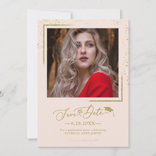 Chic Script Absolventenparty Save The Date Gold Gl Einladung (Vorderseite)