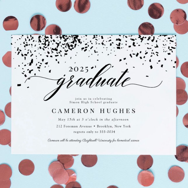 Chic Script Black Confetti Graduation Party Einladung (Von Creator hochgeladen)
