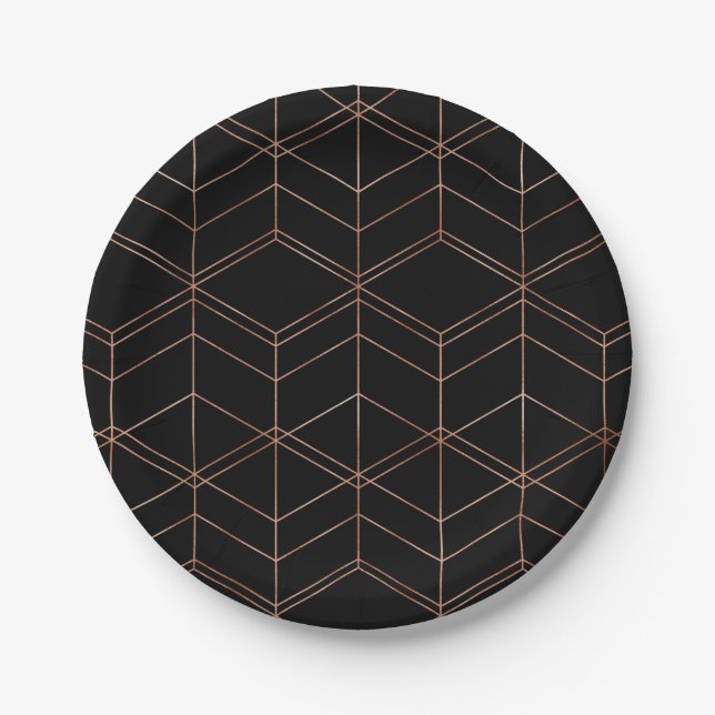 Chic Script Black & Copper Geometric Muster Pappteller (Vorderseite)