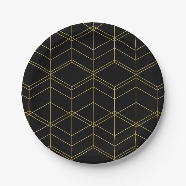 Chic Script Black & Foil Gold Geometric Muster Pappteller (Vorderseite)