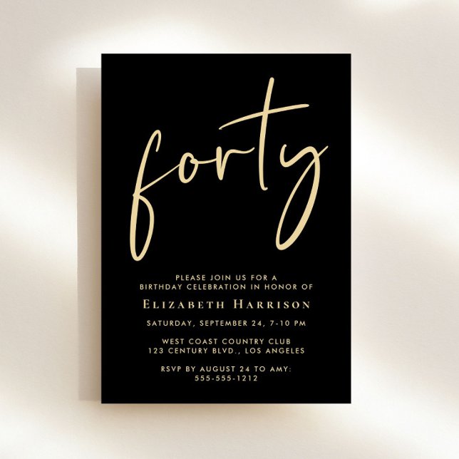 Chic Script Black Gold 40. Geburtstag Party Einladung (Von Creator hochgeladen)