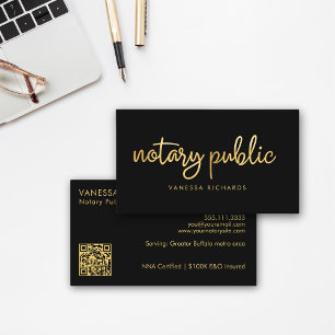 Chic Script Black & Gold Notary Name Modern QR Visitenkarte