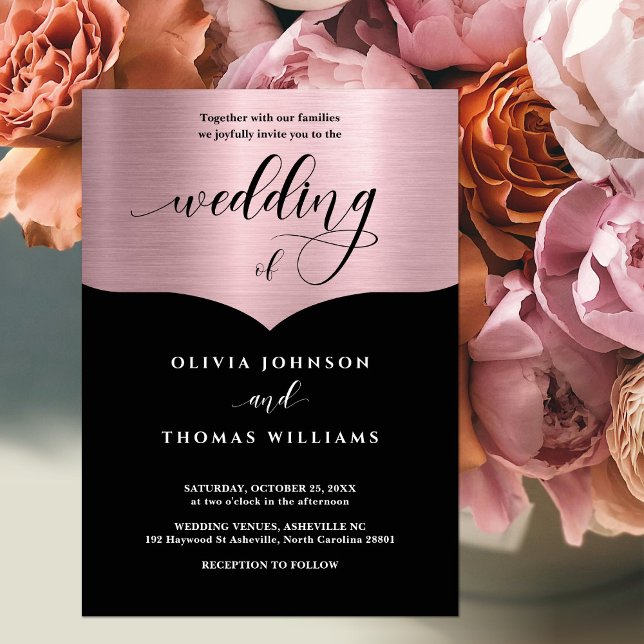 Chic Script Black Metallic Rose Gold Wedding Einladung (Von Creator hochgeladen)