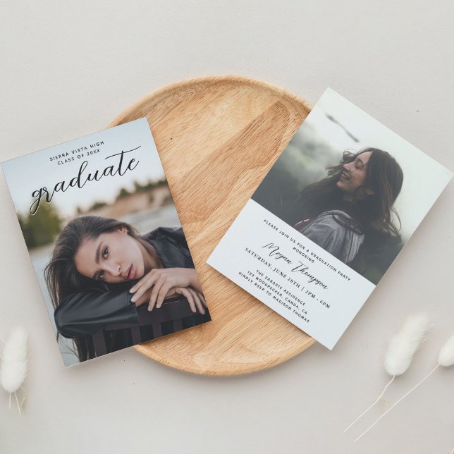 Chic Script Black Two Foto Graduation Party Einladung (Von Creator hochgeladen)