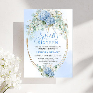 Chic Script Blaue Hortensie Gold Sweet Sixteen Einladung