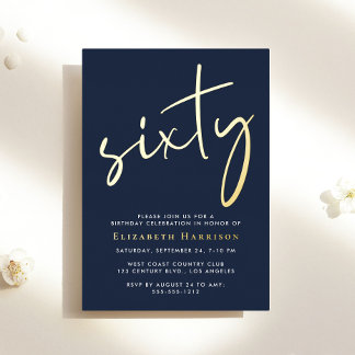 Chic Script Blue 60. Geburtstagsparty Gold Folieneinladung