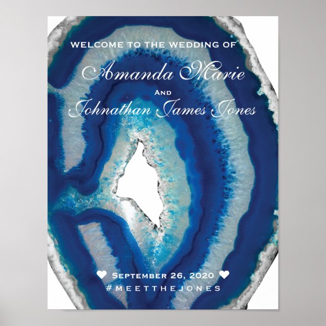 Chic Script Blue Agate Wedding Willkommenszeichen Poster (Vorne)