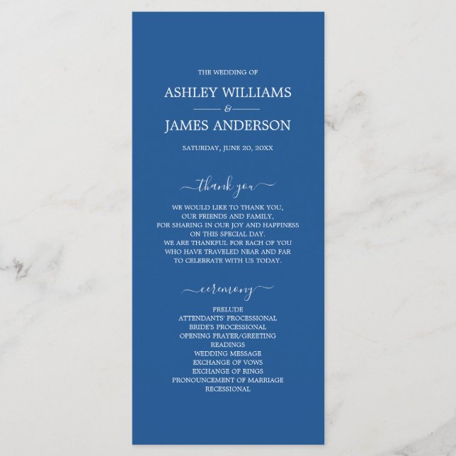 Chic Script Blue Einfache MinimalWedding Programm (Vorderseite)