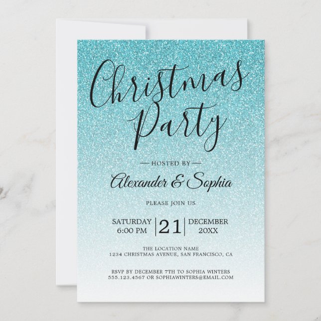 Chic Script Blue Glitzer Ombre Party Einladung (Vorderseite)