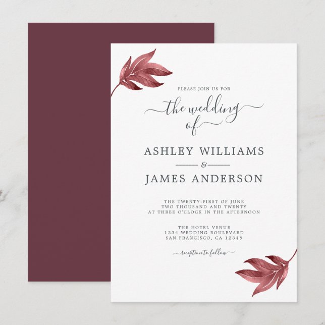 Chic Script Burgundy Leaf Minimal Wedding Einladung (Vorne/Hinten)