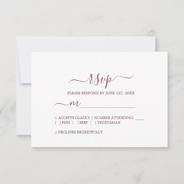 Chic Script Burgundy Minimal Wedding RSVP Karte (Vorderseite)