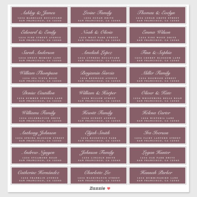 Chic Script Burgundy Wedding Guest Address Labels (Blatt)