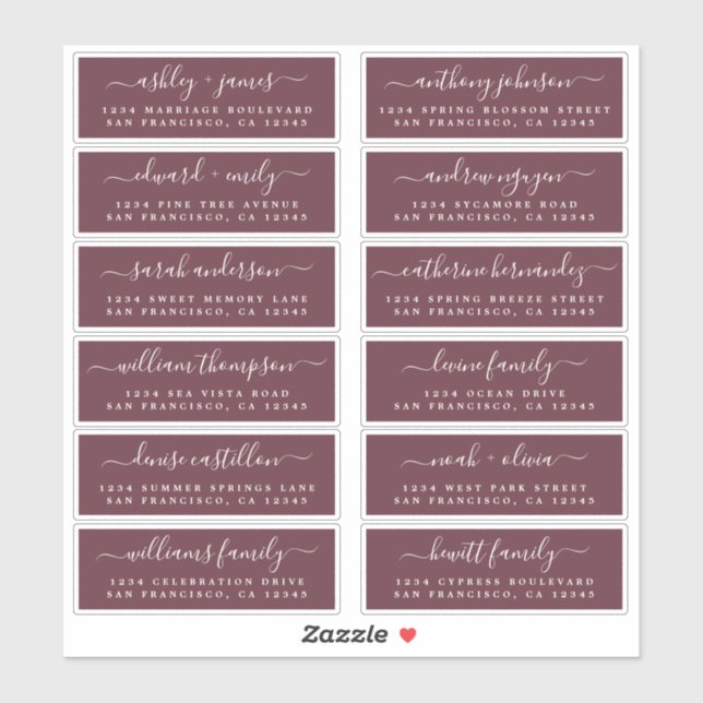 Chic Script Burgundy Wedding Guest Address Labels (Blatt)