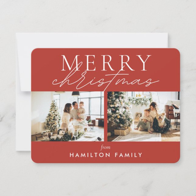 Chic Script Calligrafie Frohe Weihnachten Zwei Fot Mitteilungskarte (Vorderseite)