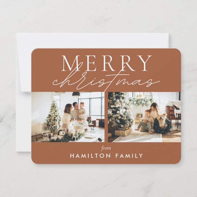 Chic Script Calligrafie Frohe Weihnachten Zwei Fot Mitteilungskarte (Vorderseite)