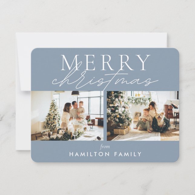 Chic Script Calligrafie Frohe Weihnachten Zwei Fot Mitteilungskarte (Vorderseite)