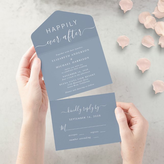 Chic Script Dusty Blue Wedding All In One Einladung (Von Creator hochgeladen)