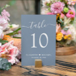 Chic Script Dusty Blue Wedding Reception Tischnummer<br><div class="desc">Chic dusty blue wedding Tischnummer Schild mit "Tisch" in einem stilvollen weißen Kalligraphie-Skript mit Swashes, die Tischnummer in eleganten weißen Serifen Typografie, Ihre Vornamen verbunden mit einem Herz und Ihr Empfang Datum. Erstellen Sie jedes Tischnummer-Zeichen und fügen Sie Ihren Warenkorb ein nach dem anderen, dann Karo aus, sobald alle Zahlen...</div>