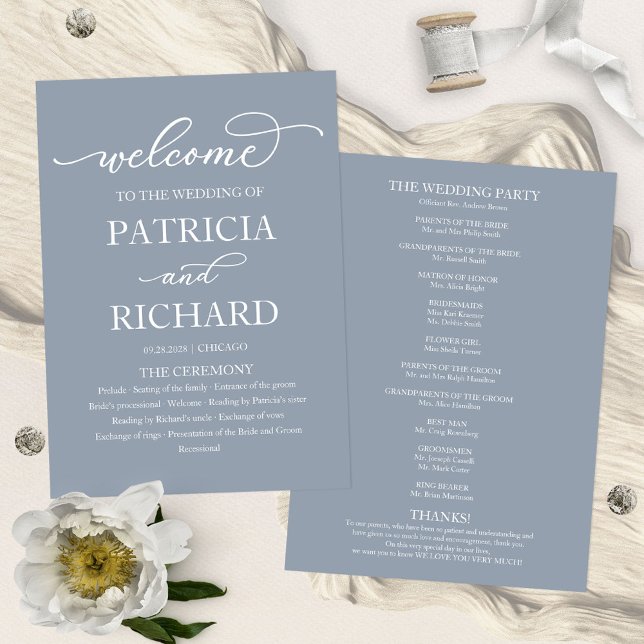 Chic Script Dusty Blue Wedding Zeremony Programm (Von Creator hochgeladen)