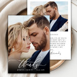 Chic Script Elegant 2 Foto Hochzeit Danke Karte<br><div class="desc">Elegante moderne Boho Kalligraphie Script 2 Foto Hochzeit Dankeschön Karte. Stilvolle Chic Hochzeit danke Ihnen Vorlage mit einem vollen vertikalen Foto auf der Vorderseite mit dem Text "Danke" in einem skurrilen Wirblen Handschrift Schrift Swash Schwanz-Schriftart in weißem Overlay auf dem Bild und eine Rückseite ein (1) Foto und vorgefertigte Dankeschön-Nachricht....</div>