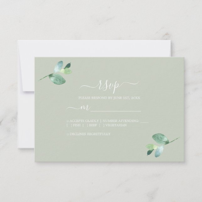 Chic Script Eucalyptus Foliage Green Wedding RSVP Karte (Vorderseite)