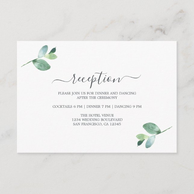 Chic Script Eucalyptus Foliage Hochzeitempfang Begleitkarte (Vorderseite)