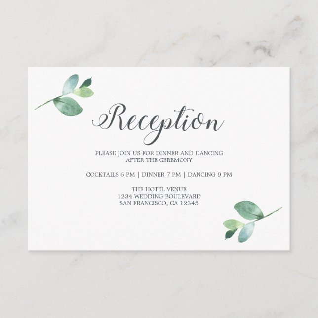 Chic Script Eucalyptus Foliage Hochzeitempfang Begleitkarte (Vorderseite)