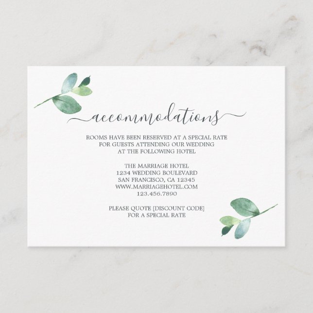 Chic Script Eucalyptus Foliage Hochzeitsinformatio Begleitkarte (Vorderseite)
