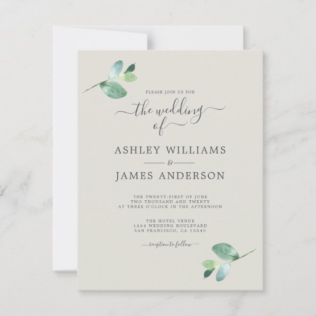 Chic Script Eucalyptus Foliage Minimale Hochzeit Einladung (Vorderseite)