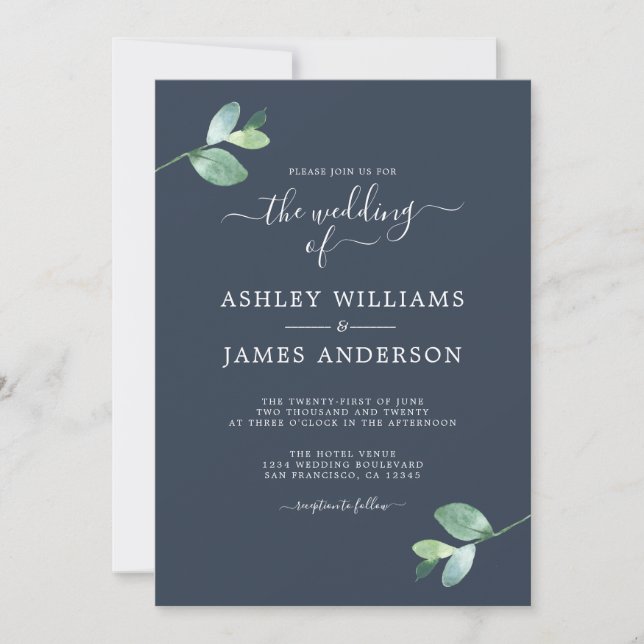 Chic Script Eucalyptus Foliage Minimale Hochzeit Einladung (Vorderseite)