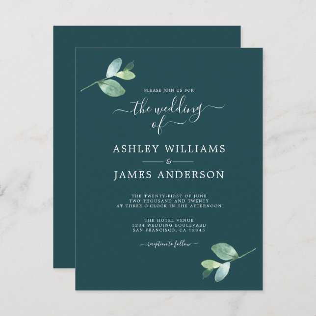 Chic Script Eucalyptus Foliage Minimale Hochzeit Einladung (Vorne/Hinten)