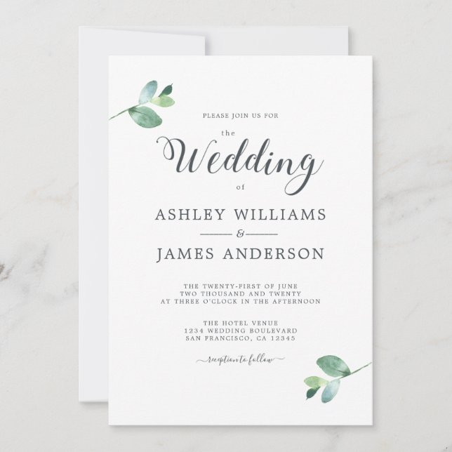Chic Script Eucalyptus Foliage Minimale Hochzeit Einladung (Vorderseite)