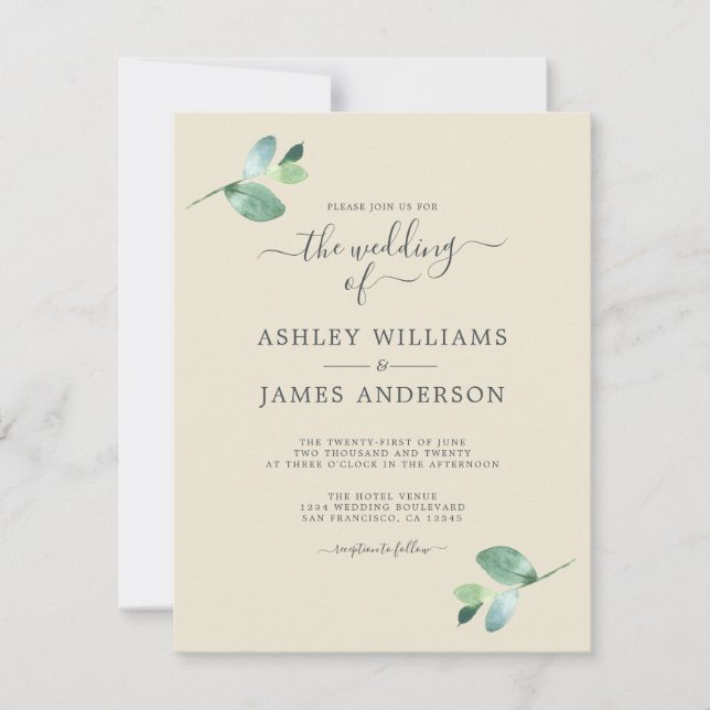 Chic Script Eucalyptus Foliage Minimale Hochzeit Einladung (Vorderseite)