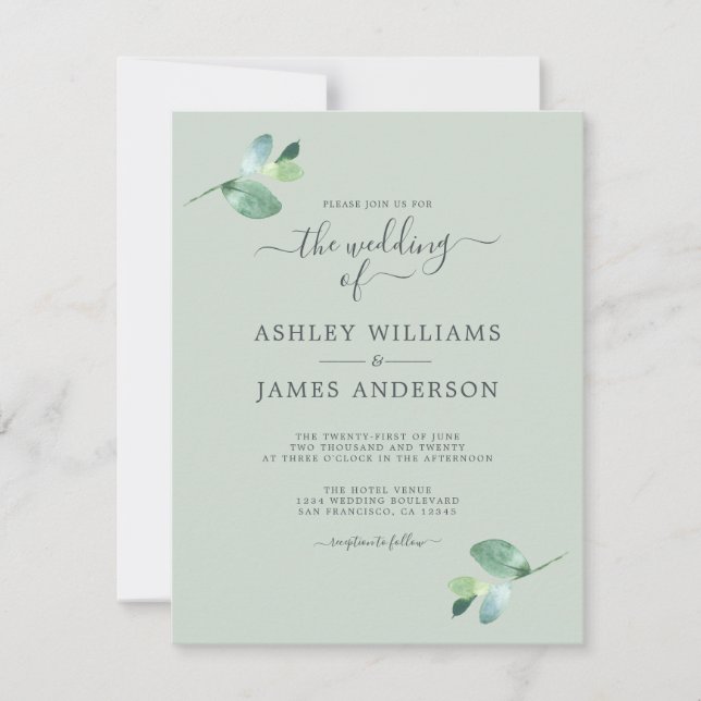 Chic Script Eucalyptus Foliage Minimale Hochzeit Einladung (Vorderseite)