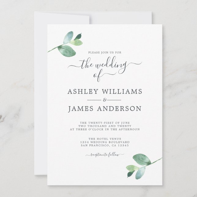 Chic Script Eucalyptus Foliage Minimale Hochzeit Einladung (Vorderseite)
