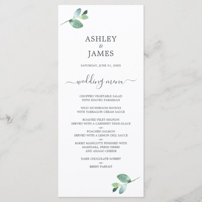 Chic Script Eucalyptus Foliage Minimale Hochzeit Menükarte (Vorderseite)